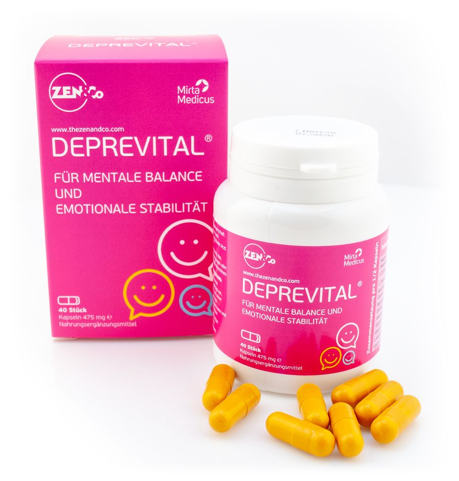 Deprevital Packung und Dose mit gelben Kapseln