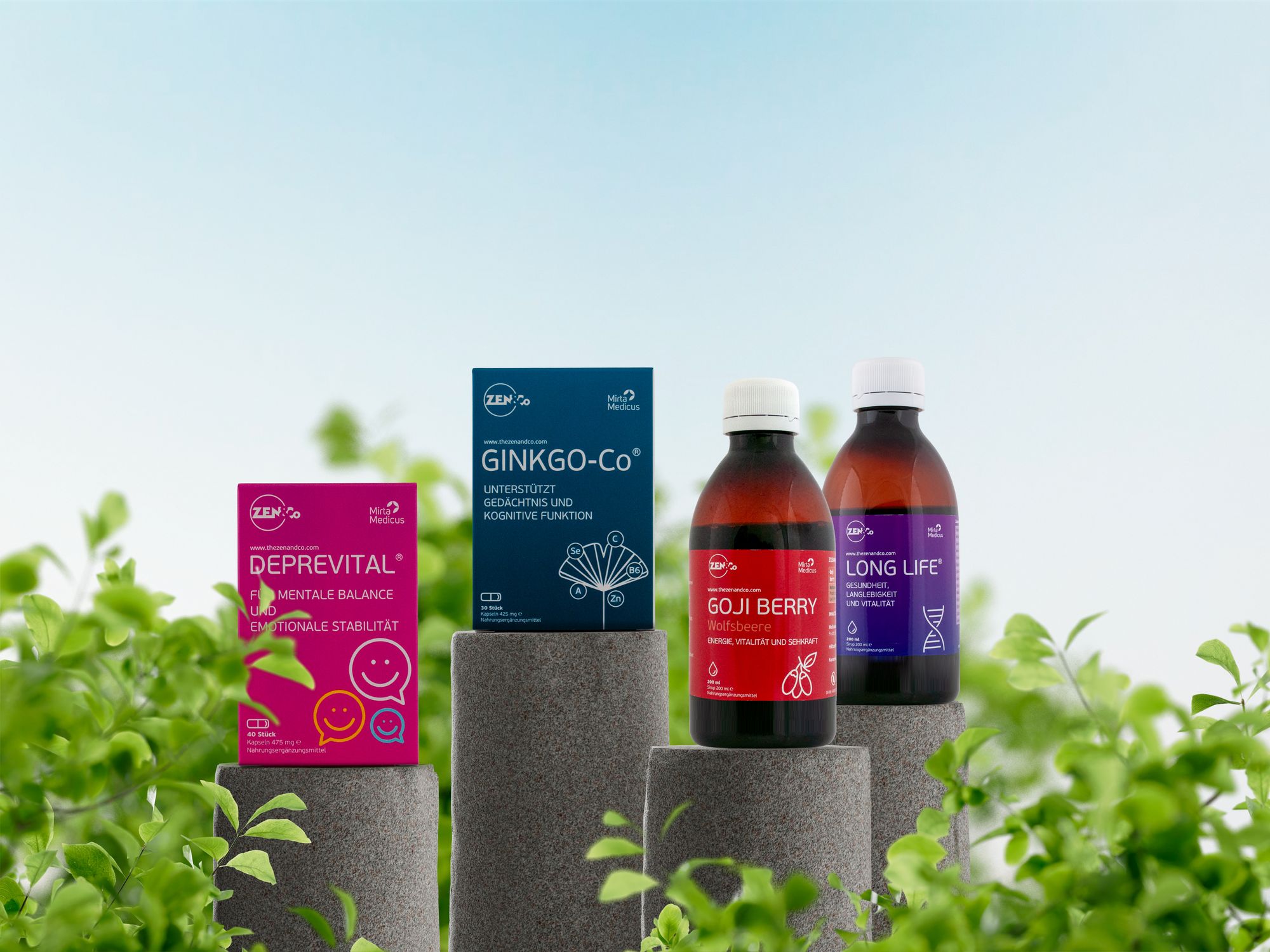 Alle vier Produkte von Zen & Co auf Steinsockeln zwischen grünen Zweigen: Deprevital, Ginkgo-Co, Goji Berry und Long Life