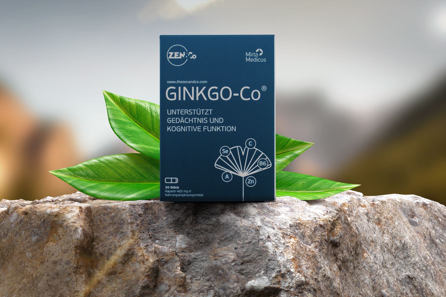 Ginkgo-Co Faltschachtel mit grünen Blättern auf einem Felsen vor Berglandschaft