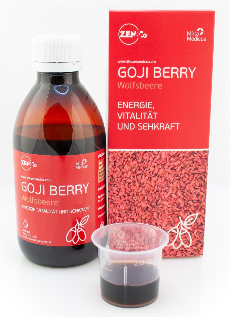 Goji Berry Flasche, Faltschachtel und Messbecher