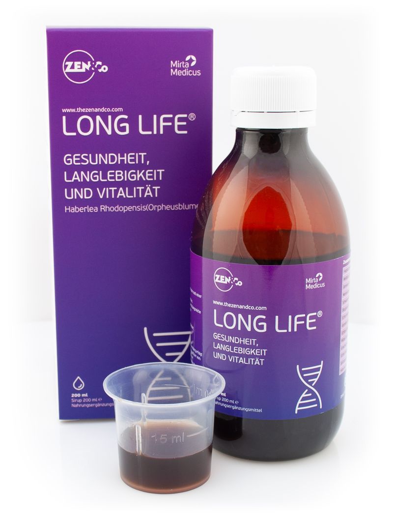 Long Life Flasche, Faltschachtel und Messbecher